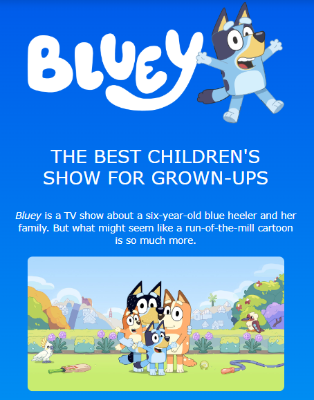 A screenshot of the Bluey website