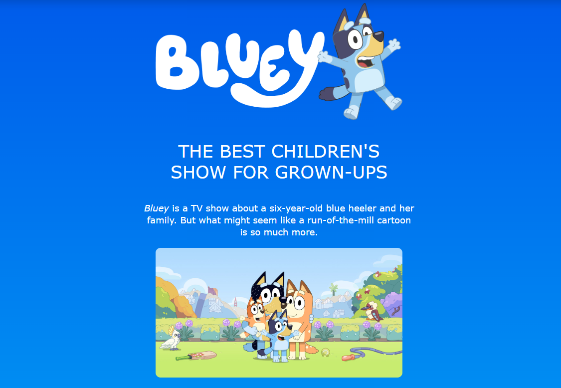 A screenshot of the Bluey website